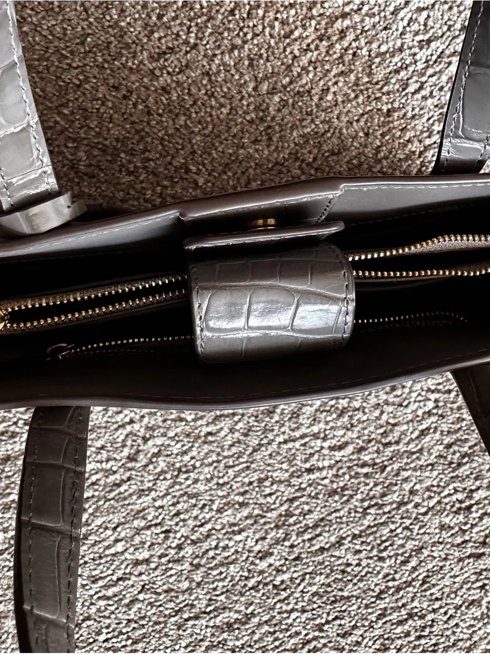 Tory Burch Gray Croc-Embossed Satchel with Gold Logo, missing long strap
